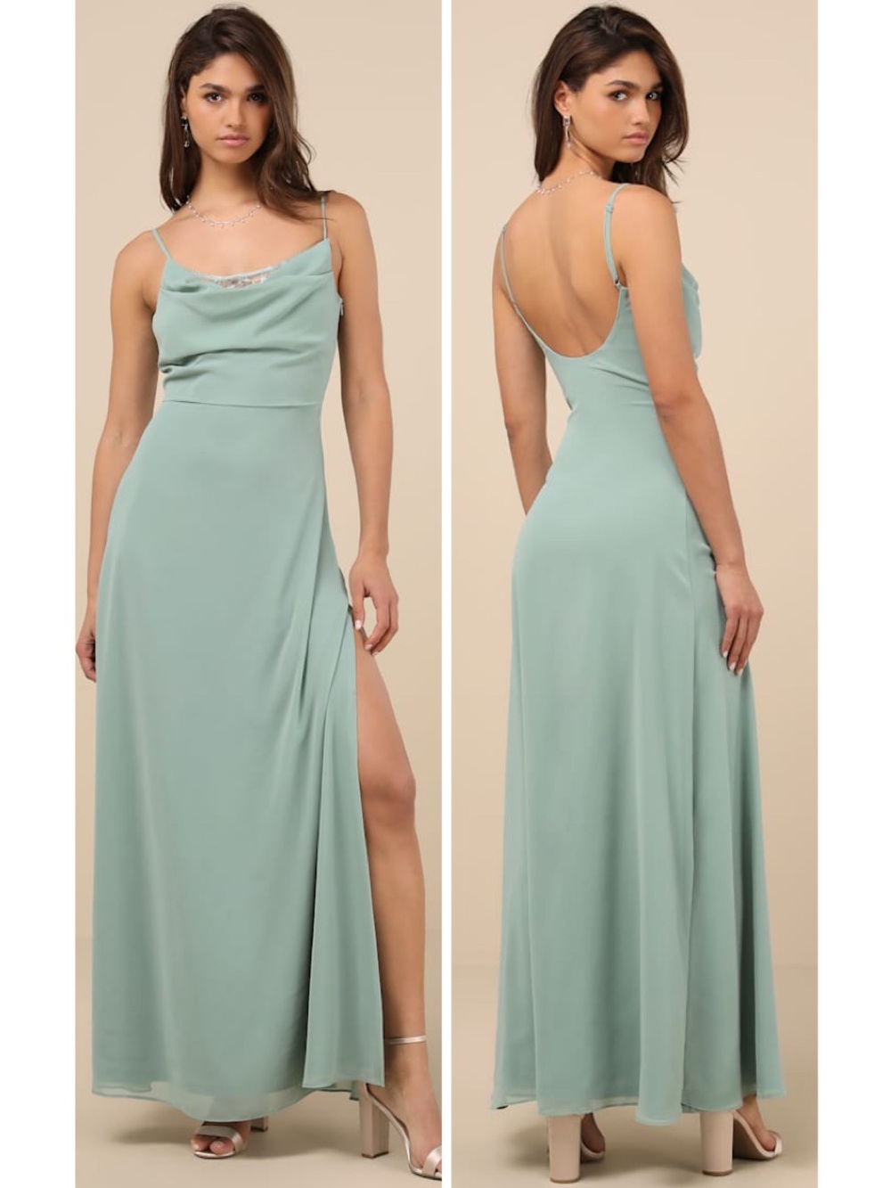 Lulus Eliora Sage Green Lace Cowl Neck Chiffon Maxi Dress Size Small NWT Formal